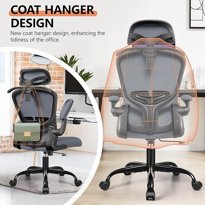 FelixKing Ergonomic Office Desk Chair with Headrest, Adjustable Lumbar Support, Height and Swivel, Comfy Task Chair with Flip-up Armrests, Ergo Mesh Backrest for Working Dark Gray