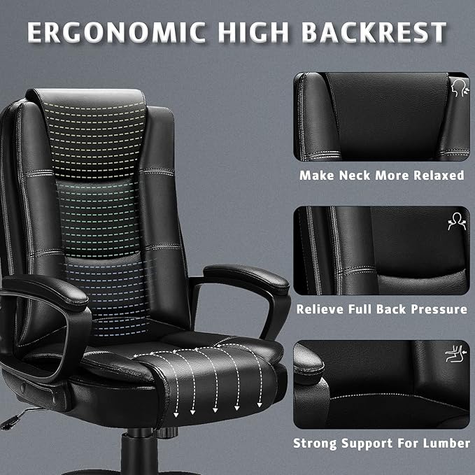 LEMBERI Office Desk Chair, Big and Tall Managerial Executive Chair, High Back Computer Chair, Ergonomic Adjustable Height PU Leather Chairs with Cushions Armrest for Long Time Sitting (Black)