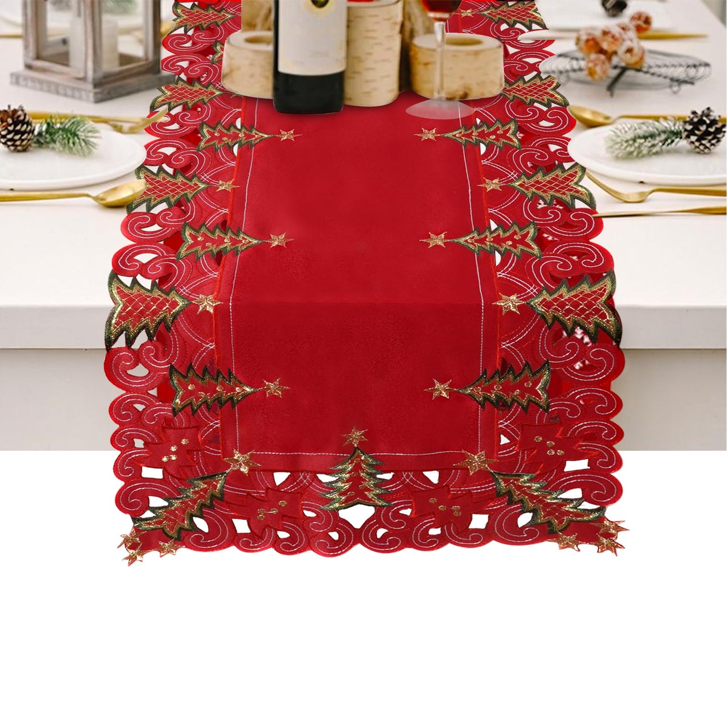 SHANGRLA Red Christmas Tree Table Runner 72 Inches Long – Embroidered Lace Tablerunner with Xmas Tree Design, Elegant Festive Dining Room Table Decor, Holiday Table Linen Centerpiece
