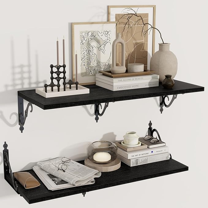 Deep Floating Shelves, 31" W x 12" D Wall Shelves Set of 2, Wide Display Shelf Wall Mounted with Brackets, Bookshelf for Living Room, Bathroom, Bedroom, Black