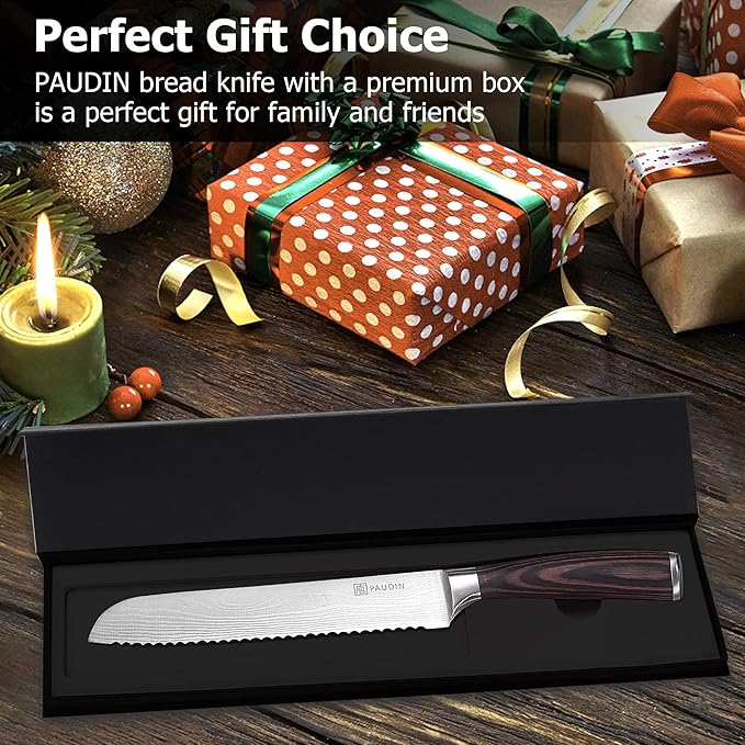 PAUDIN Bread Knife 8", Ultra Sharp Knife Wave Edge - Forged Premium German HC Stainless Steel, Serrated Bread Knife for Homemade Bread and Sourdough Bread, Pakkawood Handle