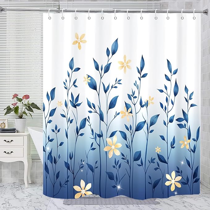 Eucalyptus Shower Curtain, Ombre Floral Leaves Plant Washable Fabric Bath Decor with 12 Hooks 72x72 inches, Navy Blue