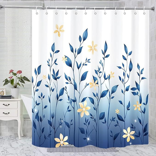 Eucalyptus Shower Curtain, Ombre Floral Leaves Plant Washable Fabric Bath Decor with 12 Hooks 72x72 inches, Navy Blue
