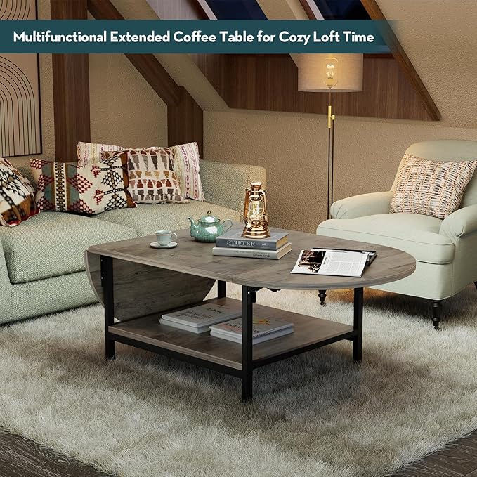 SAYGOER Folding Coffee Tables for Living Room 2-Tier Extended Coffee Table with Storage Vintage Farmhouse Center Table for Large or Small Spaces, Foldable, Gray Wash