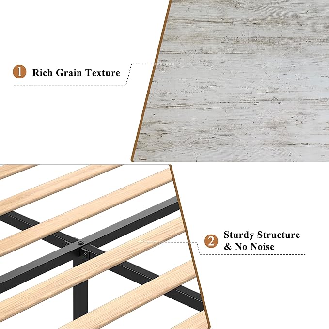 Rustic White King Size Wooden Bed Frame with Farmhouse Headboard, Solid Wood Platform Bed with Wood Slats, Noise-Free Structure, No Box Spring Needed