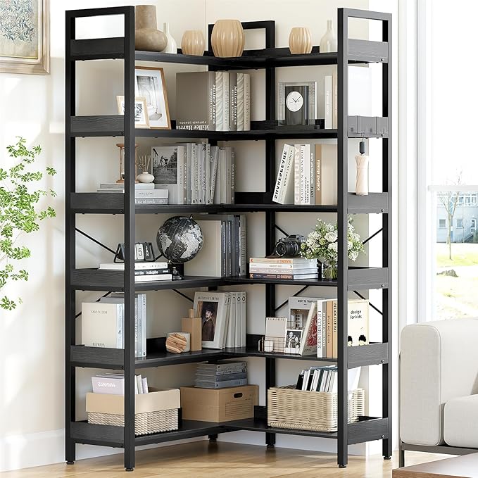 KOUSEI 6-Tier L-Shaped Reversible Corner Bookshelf, 69" Black Industrial Wood & Metal Bookcase, Wide Open Shelves + 4 Hooks for Living Room/Bedroom/Home Office