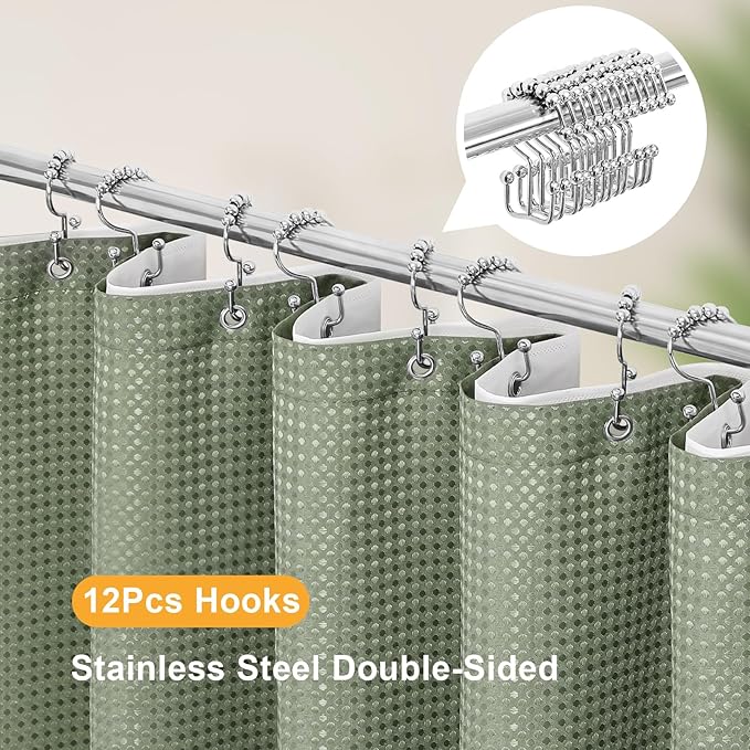3 in 1 Extra Long Shower Curtain Set-72 W x 84 H, Sage Green Waffle and PEVA Liner Set with 12 Stainless Steel Hooks, Waterproof Fabric for Bathroom
