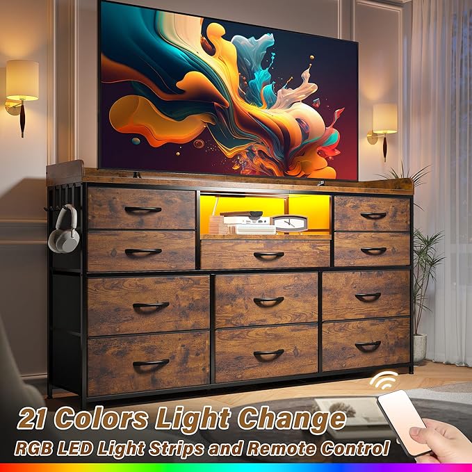 Dresser TV Stand with 11 Drawers for 60" TV Stand for Bedroom with LED Lights & Power Outlets Long Dresser for Bedroom with Shelves & 4 Hooks, Sturdy Metal Frame & Thick Wood Top, Rustic Brown