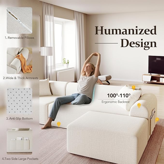 105.5” Cloud Boneless Sectional Sofa for Living Room, L-Shaped 4-Seater Modular Couch with Ottoman & 4 Pillows, Deep Seat Chenille Fabric Sofa, No Assembly, 72H Full Restore, Beige