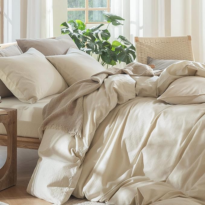 MooMee Bedding Duvet Cover Set 100% Washed Cotton Linen Like Textured Breathable Durable Soft Comfy (Heathered Almond Milk Grey, Queen 90"x90")