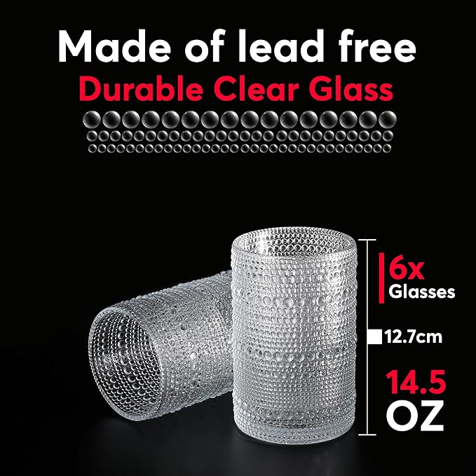 Hobnail Drinking Glasses, Vintage Glassware Set of 6, Vintage Drinking Glasses 14.54 oz, Bubble Glasses Drinking, Hobnail Glasses, Vintage Glass Cups, Jupiter Glasses for Juice, Soda, Beer, Whisky