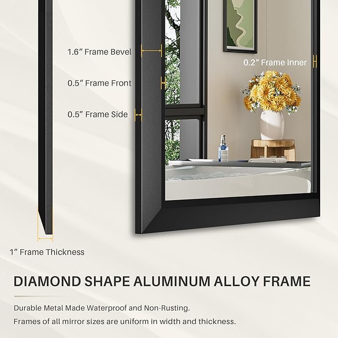 55x30 Inch Black Bathroom Mirror for Wall, Thick Metal Framed Rectangle Mirrors for Over Sink, Bedroom, Living Room, Entryway, Anti-Rust, HD Tempered Glass