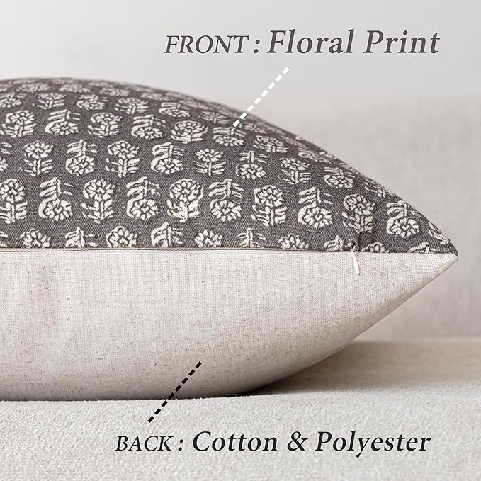 Foindtower Set of 2 Decorative Vintage Floral Print Throw Pillow Covers Neutral Modern Farmhouse Cushion Covers Boho Home Decor for Sofa Couch Chair Bedroom Living Room Outdoor,18×18 Inch,Rustic Gray
