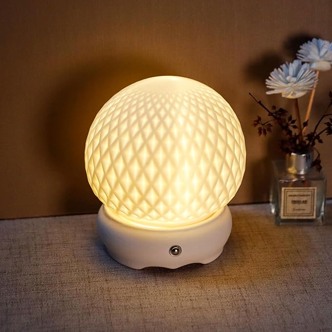 JHY DESIGN Ceramic Spherical Decorative lamp 6" H Rechargeable Table Lamp Dimmable Touch Control Desk lamp for Home Bedroom Living Room Outdoors(Diamond Pattern)