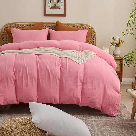 MEISHANG Muslin Duvet Cover Queen Size - 100% Organic Cotton, Soft Textured Gauze Weave Comforter Cover for Breathable All-Season with Zipper Closure - 3 Piece Set (Queen, Pink)