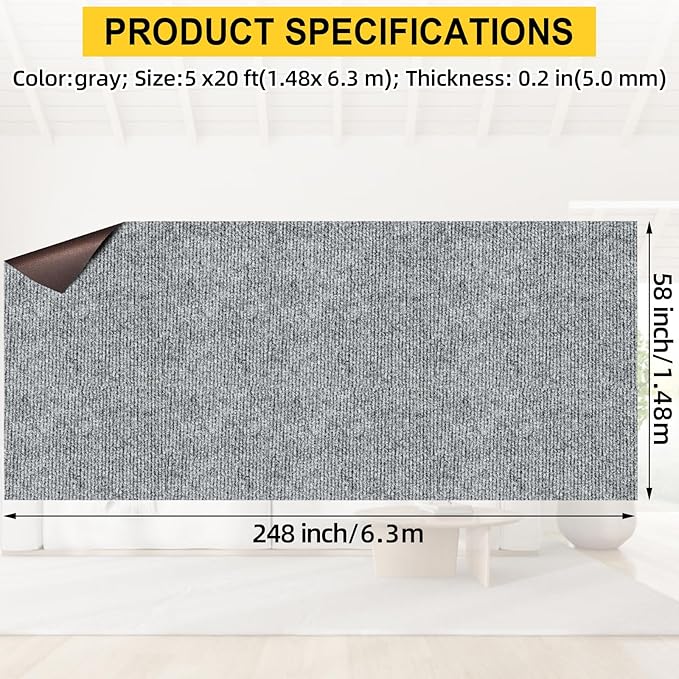 Marine Carpet,5 FT x 20 FT Smoke Gray Indoor Outdoor Carpet 0.2" Thick Boat Carpet with Water-Proof TPE Backing, Non-Slide Outdoor Marine Carpet Roll for Home, Patio, Porch, Deck