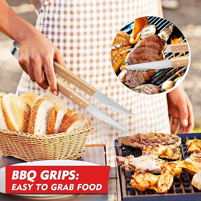 Heavy-Duty Grill Accessories BBQ Tool Sets Multi Functional Spatula with Knife Edge, Fork,Tongs, Bottle Opener Ash Wood Handle & Thick Stainless Steel Essential Accessories for Barbecue & Grill
