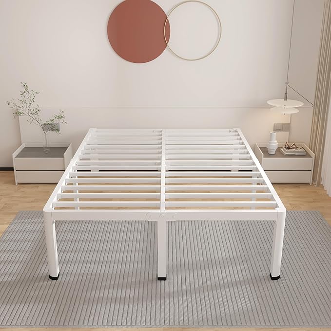 ROIL 18 Inch White Queen Bed Frame with Rounded Corner and Headboard Hole Mattress Retainers 3500LBS Heavy Duty Steel Slats No Box Spring Needed Platform Noise-Free Easy Assembly