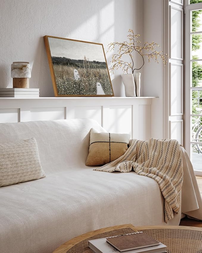 InSimSea Framed Canvas Prints Art Ghost Decor, Vintage Halloween Meadow with Flowers Painting, Spooky Gothic Decor, Rustic Landscape Pictures for Living Room, 12x16inch