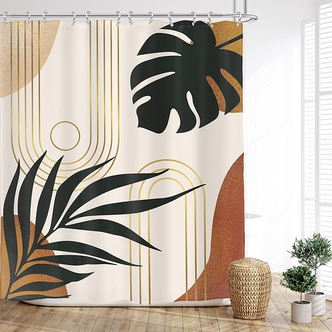 Glawry Boho Mid Century Shower Curtain 60Wx72L Inches Abstract Tropical Palm Leaves Modern Minimalist Plant Botanical Geometric Bathroom Aesthetic Bath Accessories Art Home Decor Fabric 12 Pack Hooks