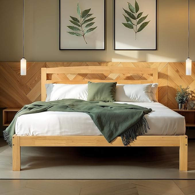 Hokway Wood Queen Bed Frame with Headboard-No Wobble,Noise-Free,Easy Assembly with Precise Holes,12 in Reinforced Center Legs,No Box Spring Needed,Natural