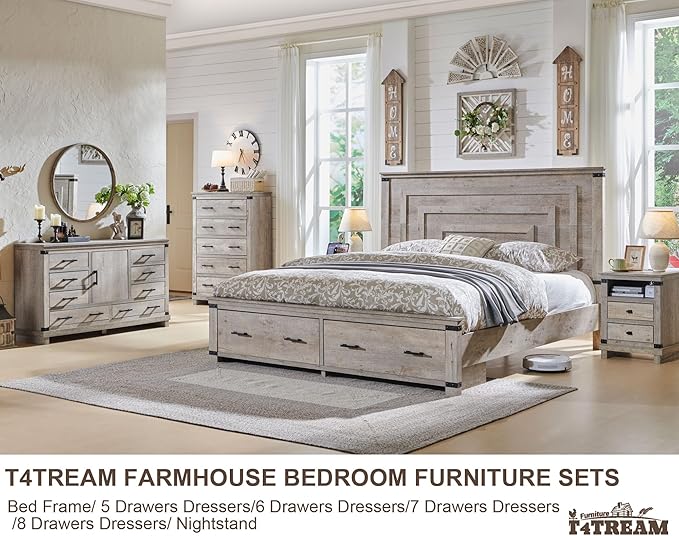 T4TREAM Farmhouse King Size Bed Frame with 54" Tall Geometric Headboard & 2 Large Storage Drawers, Rustic Wood Platform Bed with Wood Slats Support, No Box Spring Needed, Light Rustic Oak