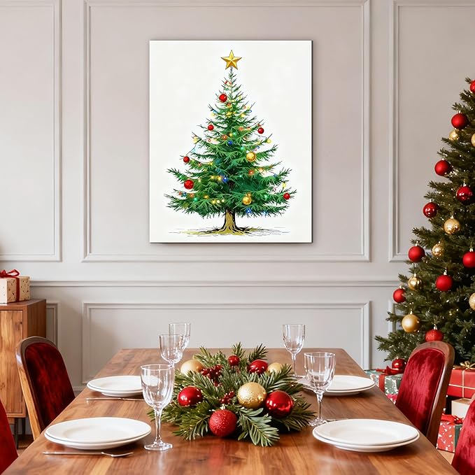 Framed Christmas Pictures Wall Decor,Vintage Pine Tree Prints,Winter Christmas Canvas Wall Art Decoration for Bedroom Bathroom Living Room Rustic Xmas Holiday Gifts (Christmas Tree 7, 12'' X 16'')