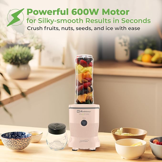 Koblenz Mix&Shake Blender, 20 oz Portable Blender, 600W Motor, Pulse, ON/OFF, Stainless Steel Blades, Shakes, Sauces, Smoothie Maker, (1) 20 oz To-Go Bottle, (2) 10 oz Glass Jars, Pink, MSKM-600 2PS