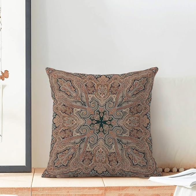 Boho Throw Pillow Covers 18x18 Inch Set of 2, Linen Ethnic Design Pattern Decorative Throw Pillow Covers Brown Carpet Pattern Outdoor Cushion Cover for Sofa Couch Farmhouse Room Bed Decor