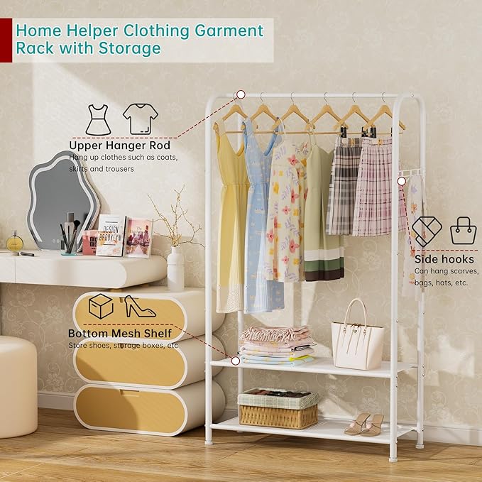 SINGAYE Clothing Racks Portable for Hanging Clothes Garment Rack Heavy Duty Clothes Rack Storage Coat Hanger Stand Portable Closet to Hang with Shelves Wardrobe Standing Organizer Drying White