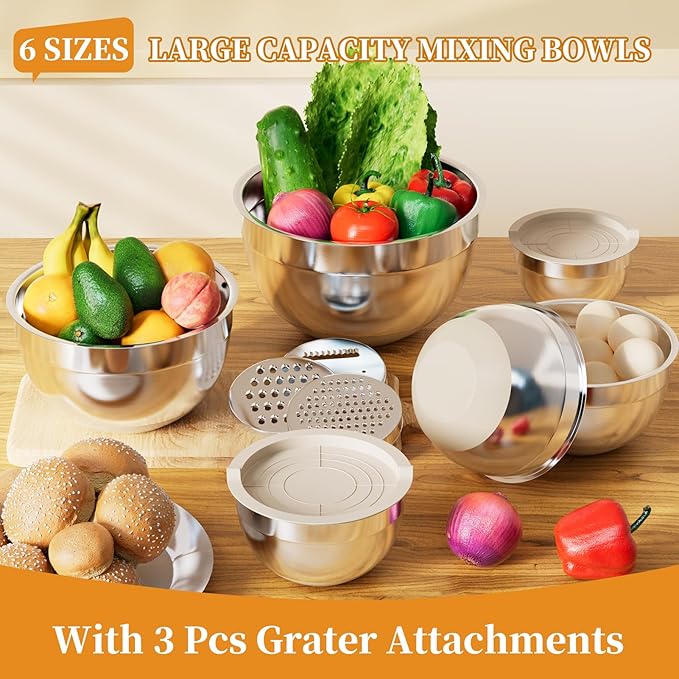 Mixing Bowls with Lids Set, 6 Piece Stainless Steel Nesting Storage Bowls for Kitchen, with 3 Grater Attachments & Non-Slip Bottoms, Size 5.5,3.5,2.5,2.1,1.5,1.1 QT