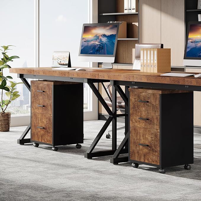 Triebsigns 3 Drawer File Cabinet, Wooden Office Filing Cabinet, Modern Rolling Printer Stand for Home Office, fits A4 or Letter Size, Under Desk (Brown)