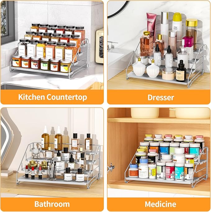 4 Tier Spice Rack for Cabinet, Spice Rack Organizer, Depth Adjustable Spice Organizer for Countertop, Cupboard, Pantry, Seasoning Shelf, Metal, Gray (1 Pack)