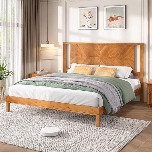 AMERLIFE Solid Wood King Size Bed Frame with Headboard, Mid Century Modern Style Platform Bed with Under-Bed Storage, No Box Spring Needed, Noise Free, Easy Assembly, Light Brown