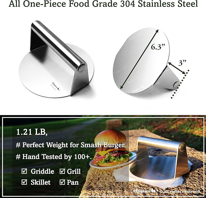 Meykers Burger Smasher 6.3" Smash Press Hamburger & 100 Patty Paper | for Griddle Grill Pan Skillet | Weight Gain Flat Presser Smashburger Maker 304 Stainless Steel | Meat Bacon Sandwich Tool Kit