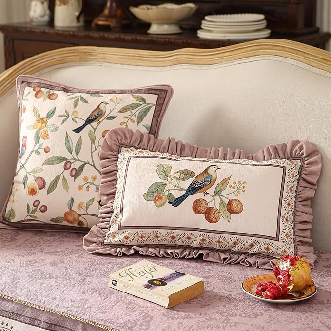 Throw Pillow Covers Pack of 4,Pink Farmhouse with Birds and Flowers Pattern Cozy Velvet Pillowcases,Decoration Square Round Lumbar Pillows Cushion Covers for Couch Sofa Bed Car Chair