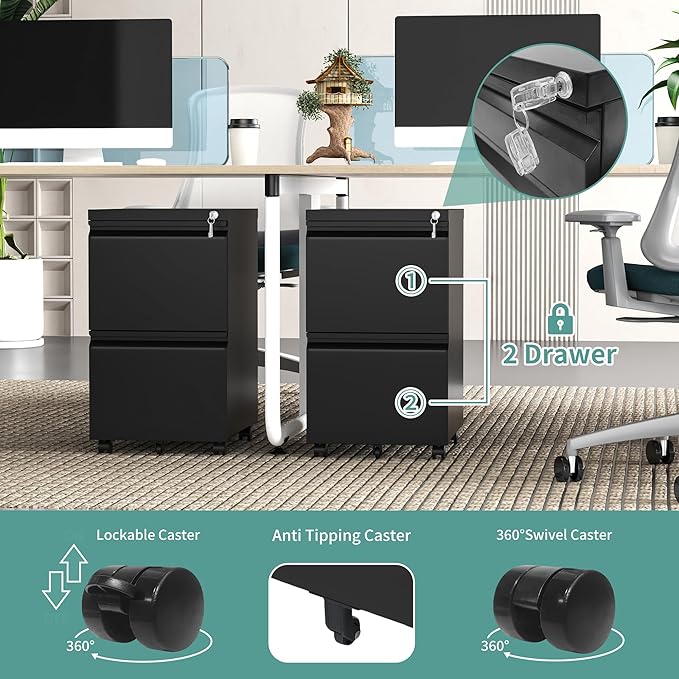 AQY 2 Drawer Mobile File Cabinet with Lock, Rolling Metal Filing Cabinet for Home Office, Vertical File Cabinet on Wheels, Small Mobile File Storage Cabinets for Legal/Letter/A4 Files(Black)