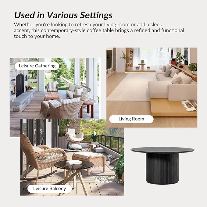 HULALA Home Round Coffee Table, Wood Coffee Table with Vertical Slat Base, Modern Coffee Table for Living Room and Lounge Room, Charcoal