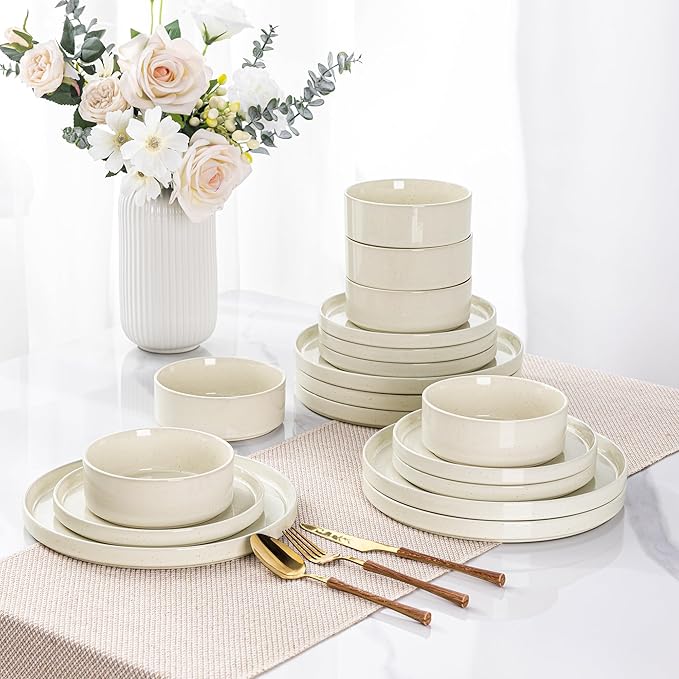 GBHOME Dinnerware Set for 8, 24 Piece Speckled Plates and Bowls Set with Glazed Bottom, Chip and Scratch Resistant Stoneware Plates Sets, Dishwasher & Microwave Safe Dishes, Light Beige