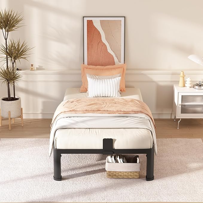 FUIOBYVV 10 Inch Twin Bed Frame with Rounded Corner and Headboard Hole Mattress Retainers 3500 LBS Metal Heavy Duty Steel Slats Support No Box Spring Needed Platform Noise Free Easy Assembly