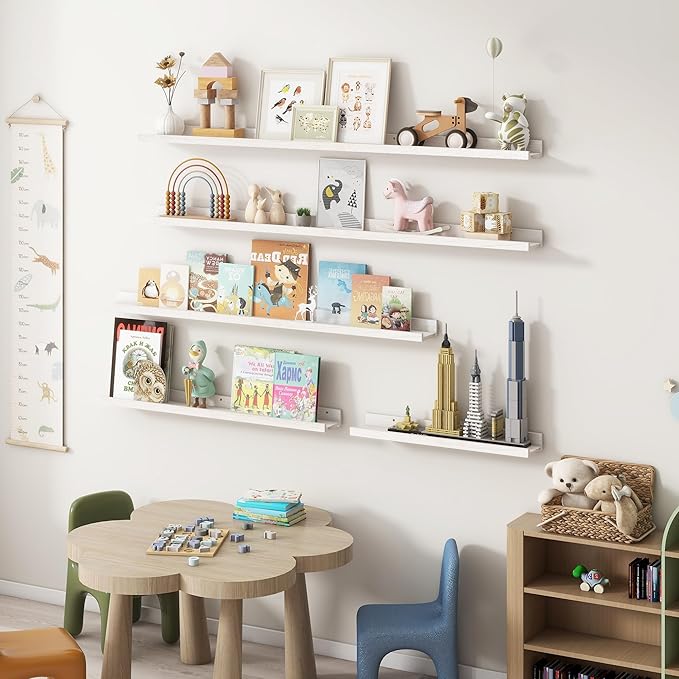 Picture Ledge Shelf, 48 Inch Long Floating Shelves for Wall, Nursery Bookshelf for Storage with Lip, Rustic Elm Wood Photo Ledge Shelves for Bedroom, Living Room, Kitchen (White, 48in Set of 2)