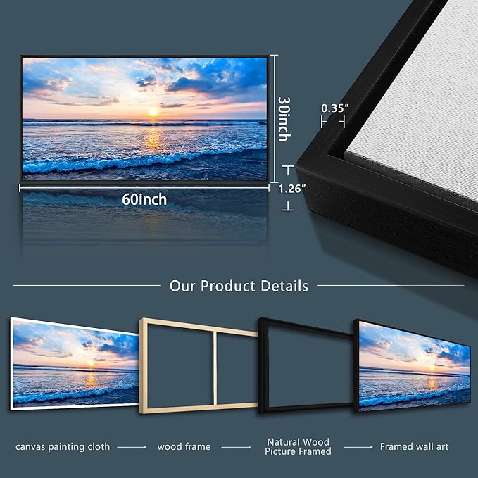 Wapluam Large Canvas Prints Wall Art For Living Room Office Wall Decor Blue Beach Sea Waves Landscape Wall Painting Bedroom Home Decorations Pictures Ready To Hang Wall Mural Black Framed Artwork