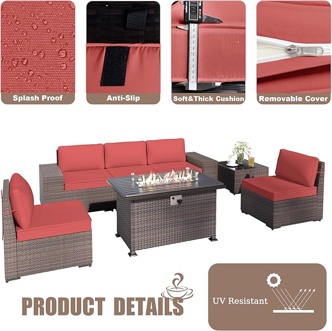 Kurapika 7 Pieces Patio Furniture Set, Rattan Wicker Outdoor Conversation Sets w/43in Propane Fire Pit Table and 4 Inch Cushion(Red)