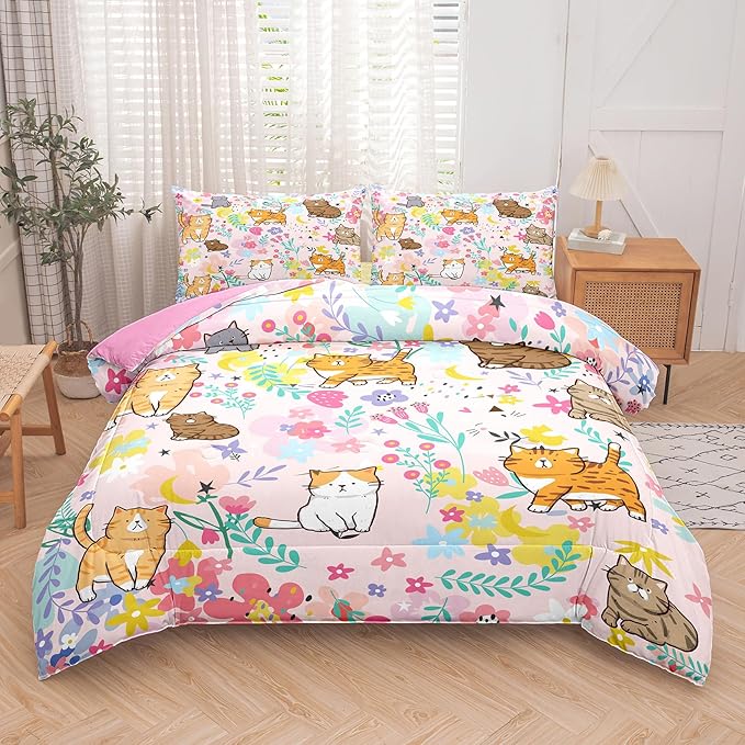 Tailor Shop Cat Girls Comforter Sets Full Size,Pink Cat Bedding Sets for Kids Teens with 2 Pillowcase…