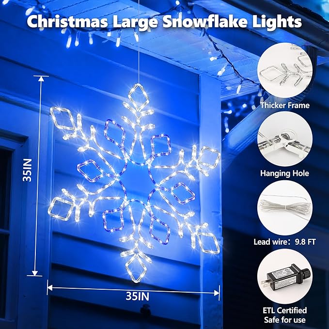 Joomer 35'' Christmas Large Snowflake Lights Decoration Waterproof Outdoor Christmas Lights Super Bright with Timer for Home Party Wall Hanging Light (White & Blue)