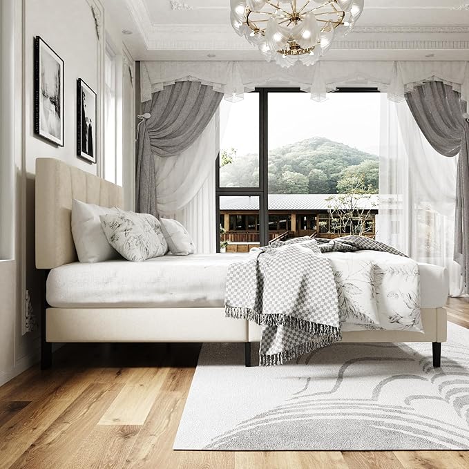 Full Size Platform Bed Frame with Upholstered Headboard, Wooden Slats Support, Noise Free, No Box Spring Needed, Easy Assembly, Beige, Velvet