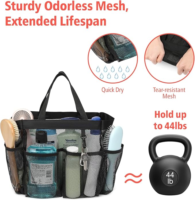 F-color Mesh Shower Caddy Portable, Upgrade Deeper 7 Pockets Shower Bag Basket Tote for College Dorm Room Toiletry Bathroom Essentials Gym Camp Quick Dry 2 handles with S Hook, Black