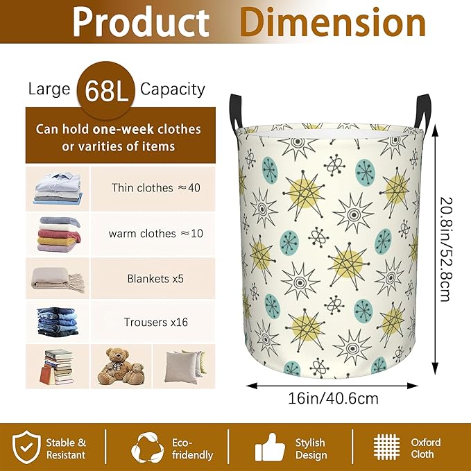 Mid Century Modern Pattern Laundry Basket,Waterproof Foldable Laundry Hamper,Dirty Clothes Laundry Basket, Linen Bin Storage Organizer for Toy Collection 16" x 20"