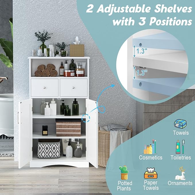 Tangkula Bathroom Cabinet, Freestanding Storage Organizer w/2 Drawers & 2 Doors, 3-Position Adjustable Shelves, Anti-Toppling Design, Floor Cabinet for Bathroom (White, 2 Drawers & Cabinet)