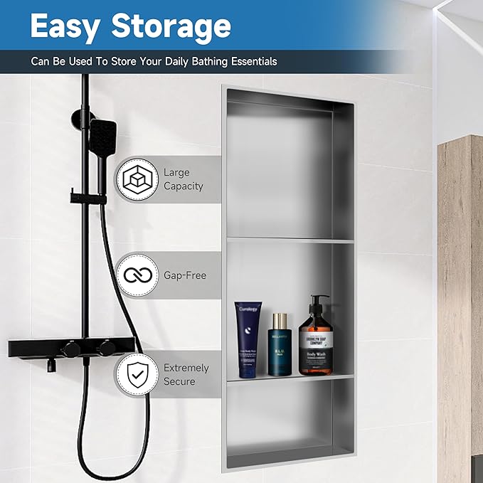 30" X 12" Stainless Steel Shower Niche Insert Tile Ready, Niche for Shower Wall, 3-Tier Recessed Shelves No Tile Needed for Bathroom Storage, Brushed Nickel